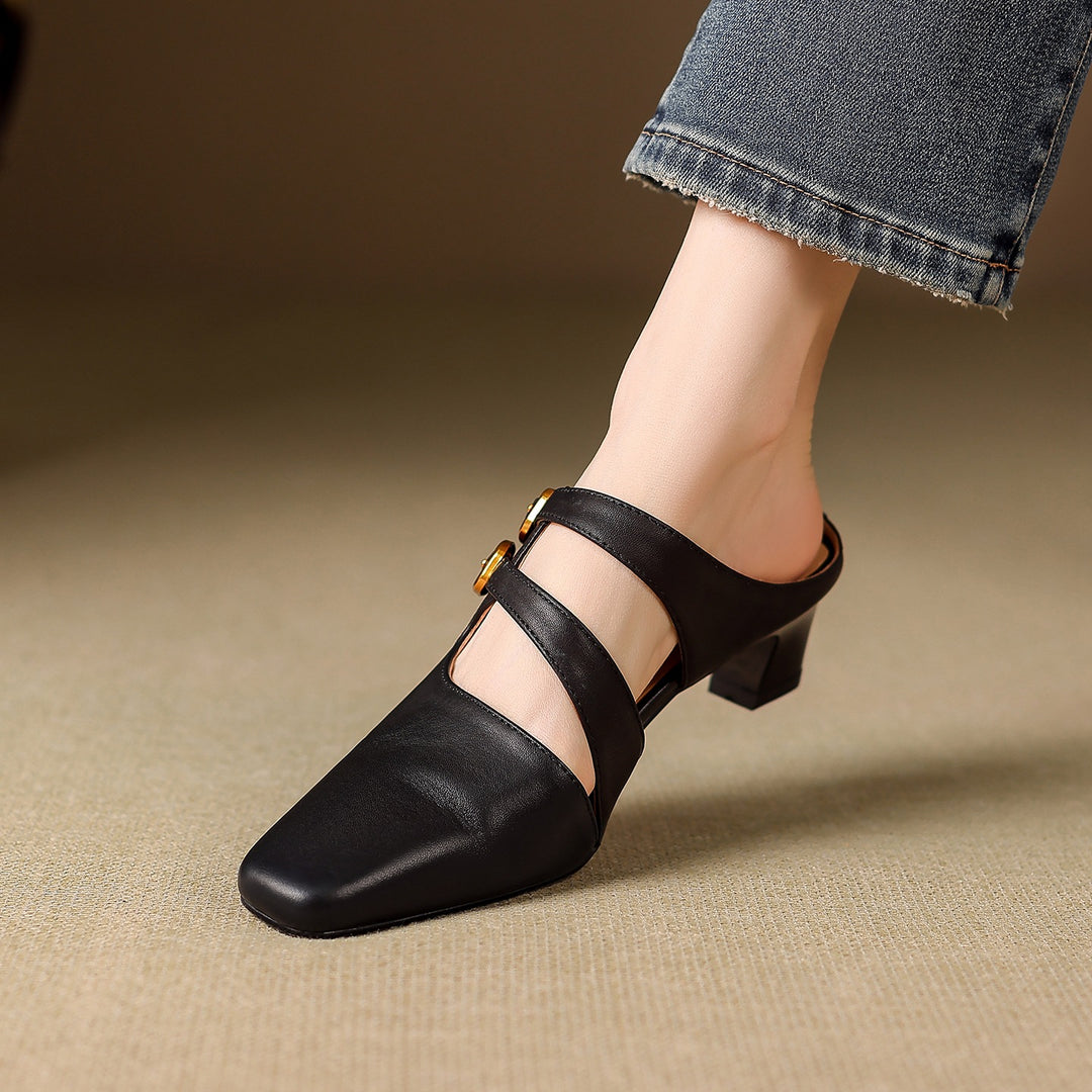 Adele Genuine Leather Dual-Strap Mules