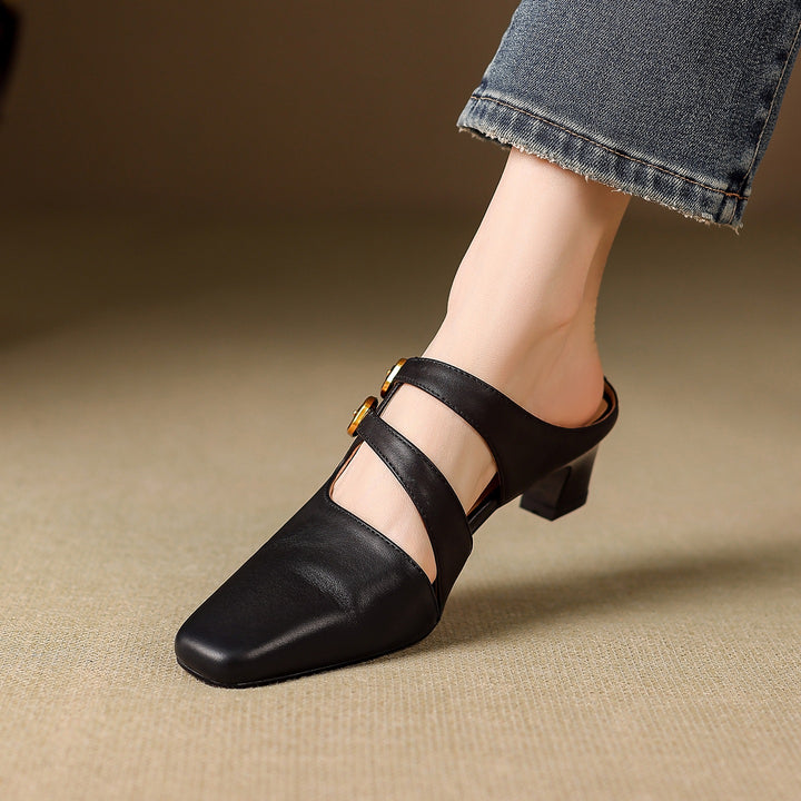 Adele Genuine Leather Dual-Strap Mules