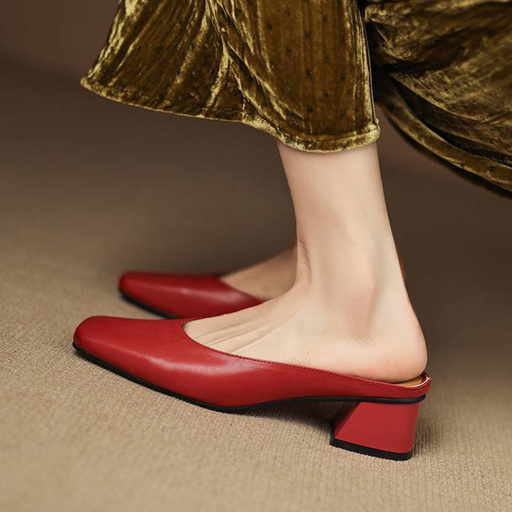 Emy Genuine Leather Square Toe Mule Heels