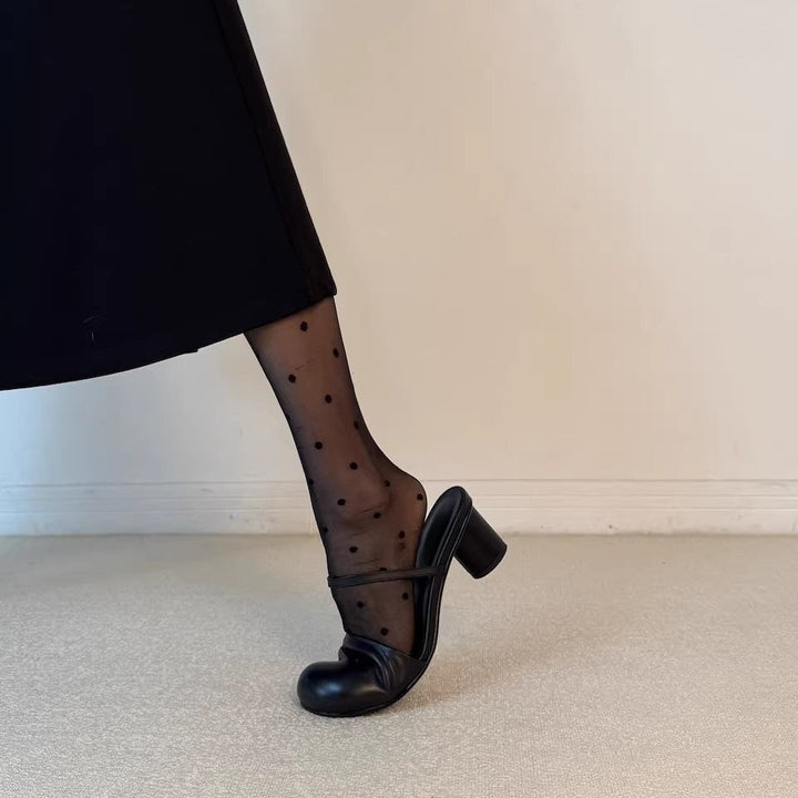 Olara Genuine Leather Round Toe Mule Heels
