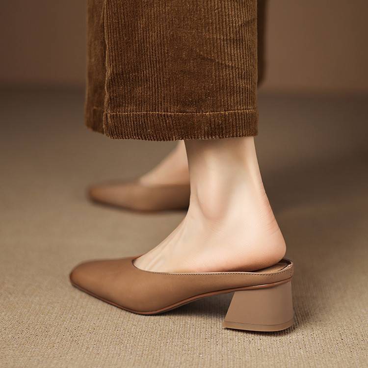 Emy Genuine Leather Square Toe Mule Heels