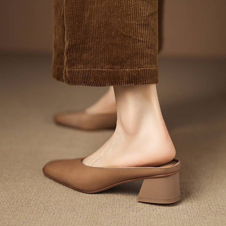 Emy Genuine Leather Square Toe Mule Heels
