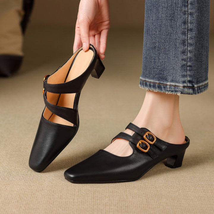 Adele Genuine Leather Dual-Strap Mules