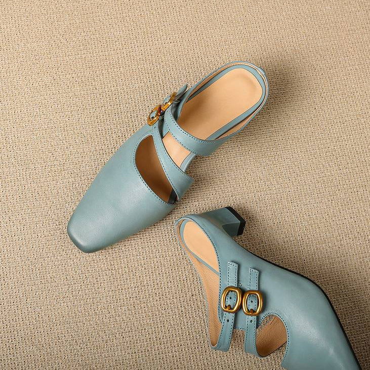 Adele Genuine Leather Dual-Strap Mules