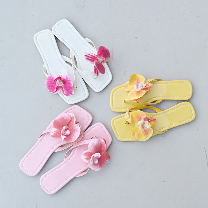 Orchid Square-Toe Floral Flip-Flops