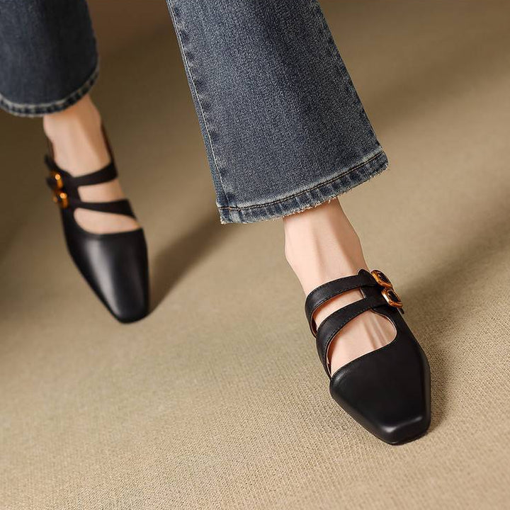 Adele Genuine Leather Dual-Strap Mules