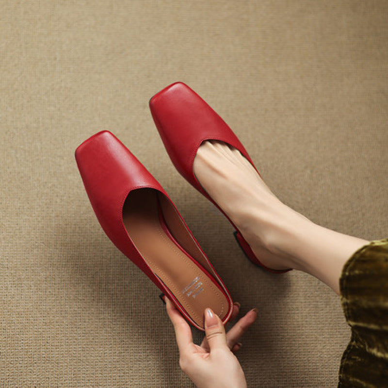 Emy Genuine Leather Square Toe Mule Heels