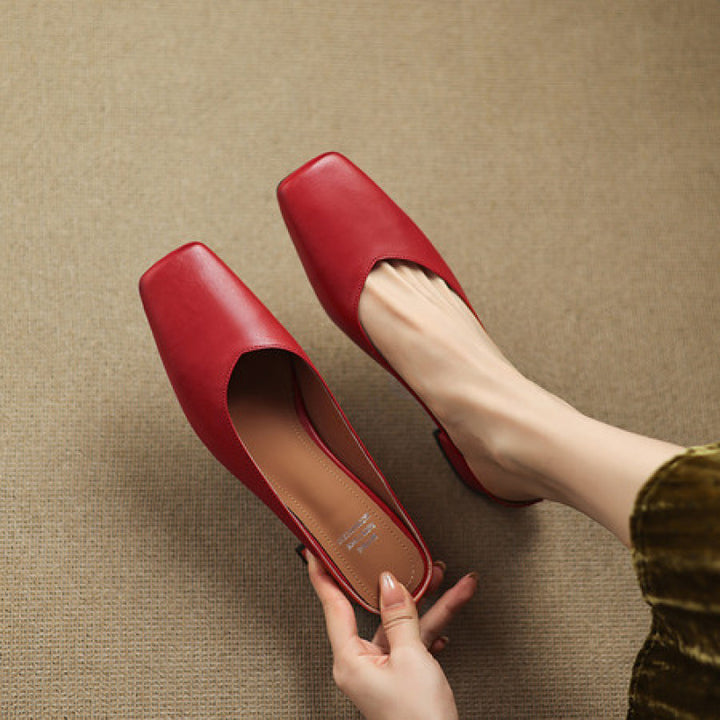 Emy Genuine Leather Square Toe Mule Heels