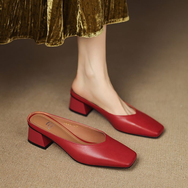 Emy Genuine Leather Square Toe Mule Heels