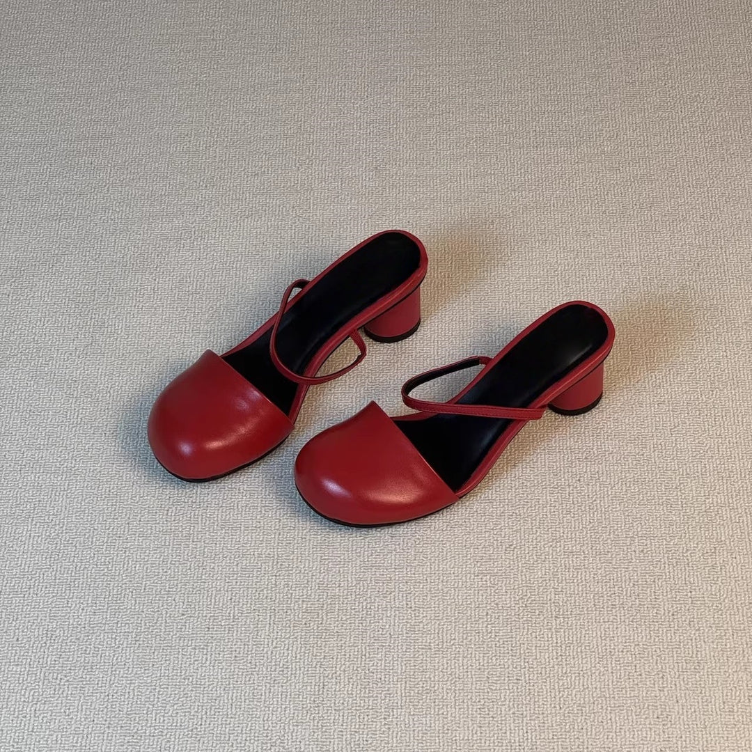 Olara Genuine Leather Round Toe Mule Heels