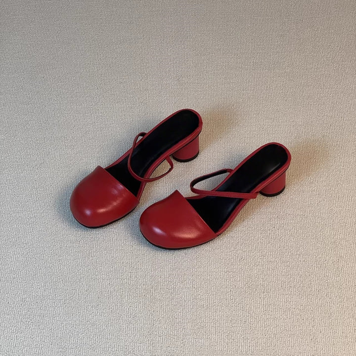 Olara Genuine Leather Round Toe Mule Heels