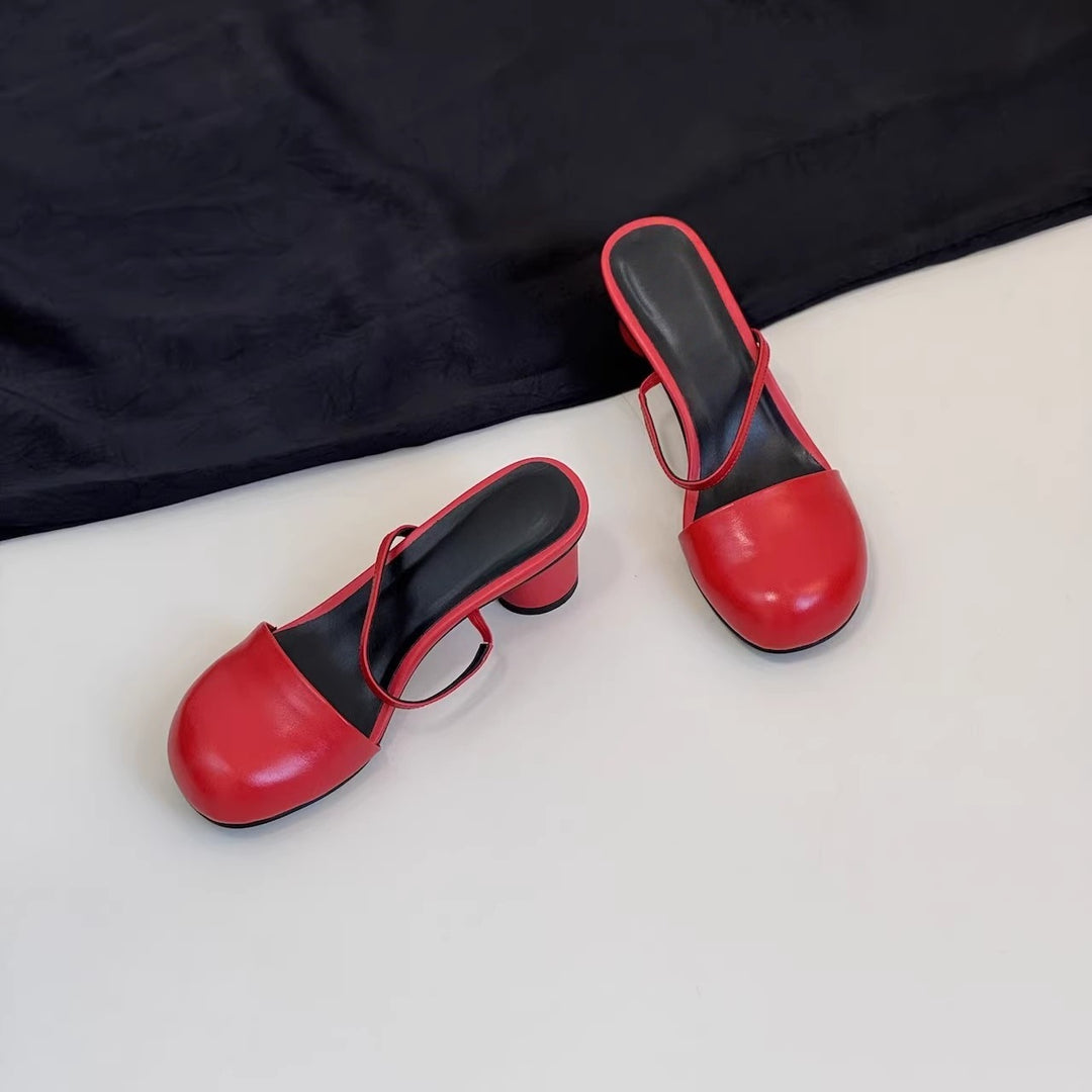Olara Genuine Leather Round Toe Mule Heels