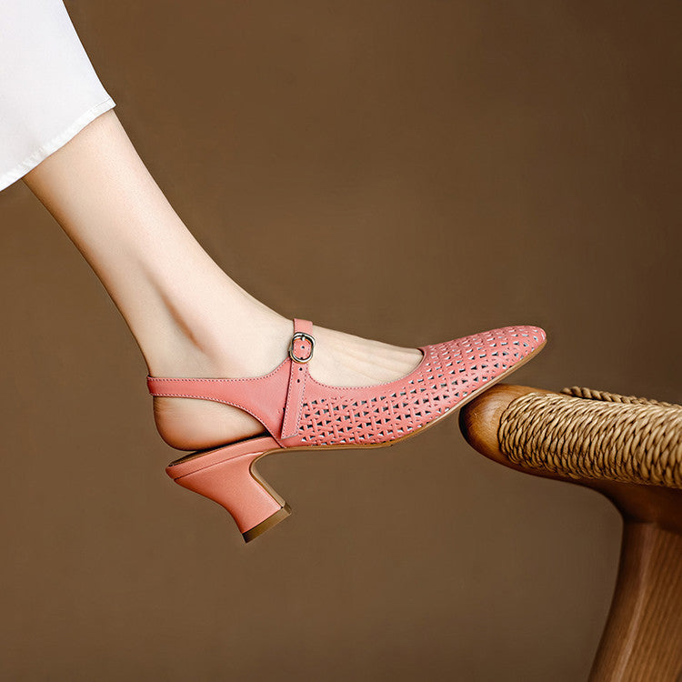 Bela Genuine Leather Hollow-Out Slingback Heels