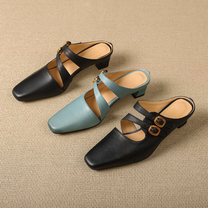 Adele Genuine Leather Dual-Strap Mules