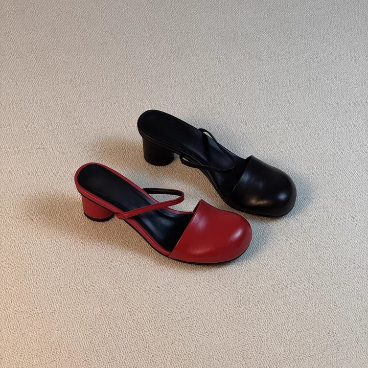 Olara Genuine Leather Round Toe Mule Heels