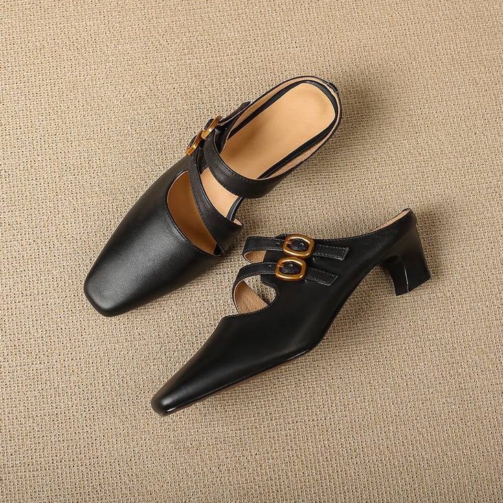 Adele Genuine Leather Dual-Strap Mules