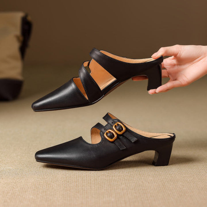 Adele Genuine Leather Dual-Strap Mules