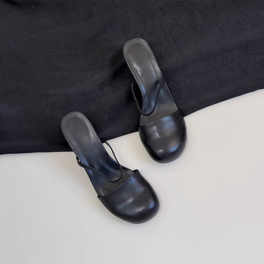 Olara Genuine Leather Round Toe Mule Heels
