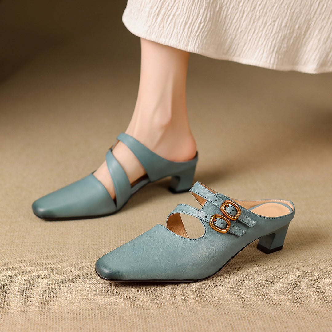 Adele Genuine Leather Dual-Strap Mules