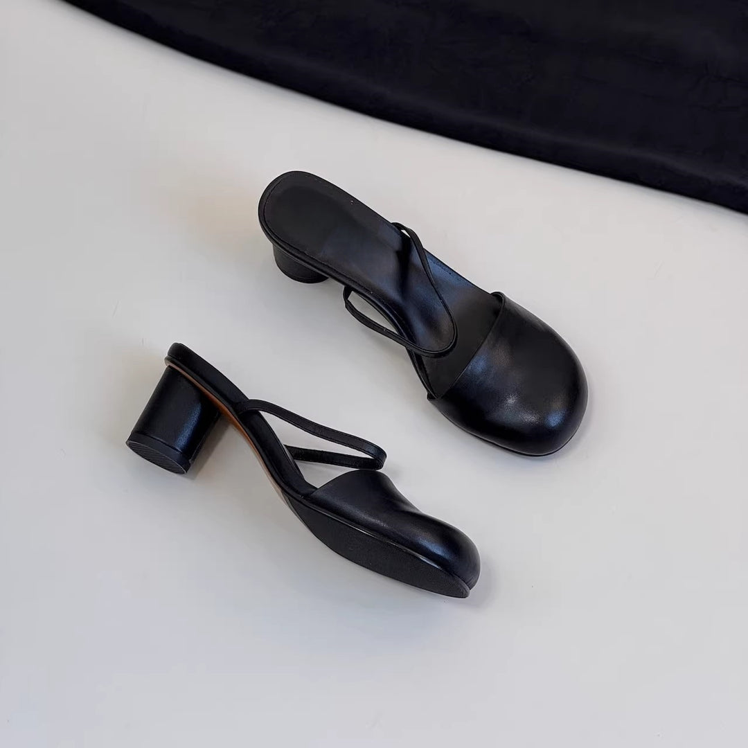 Olara Genuine Leather Round Toe Mule Heels