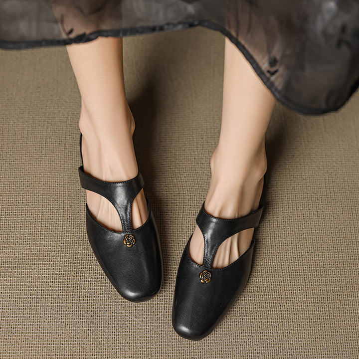 Roslyn Genuine Leather T-Strap Mules
