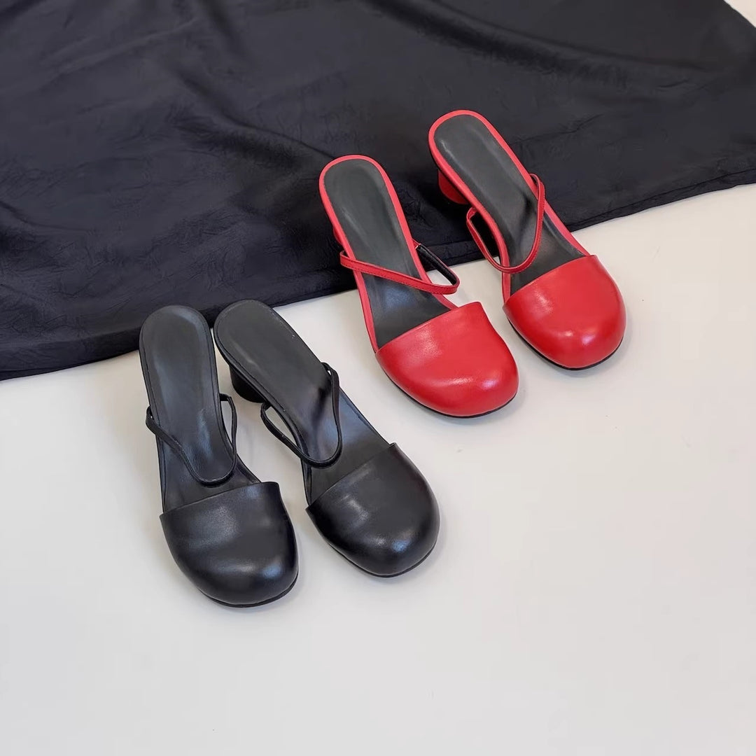 Olara Genuine Leather Round Toe Mule Heels