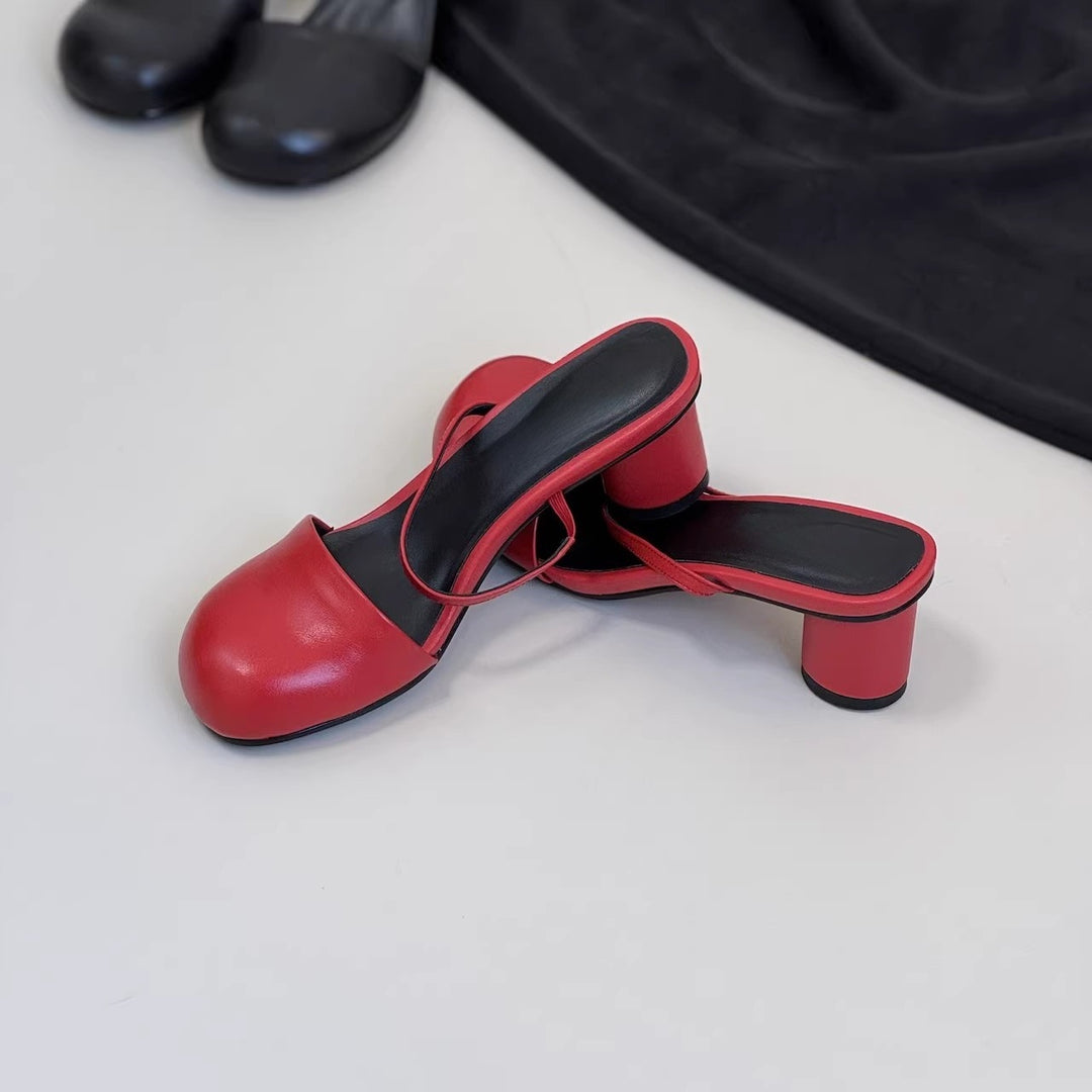 Olara Genuine Leather Round Toe Mule Heels