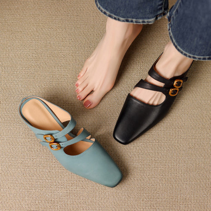 Adele Genuine Leather Dual-Strap Mules