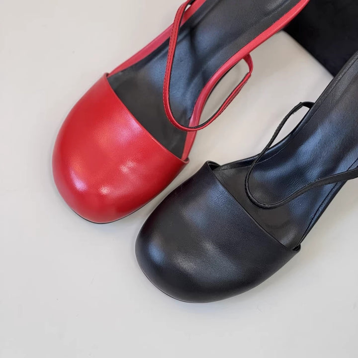 Olara Genuine Leather Round Toe Mule Heels