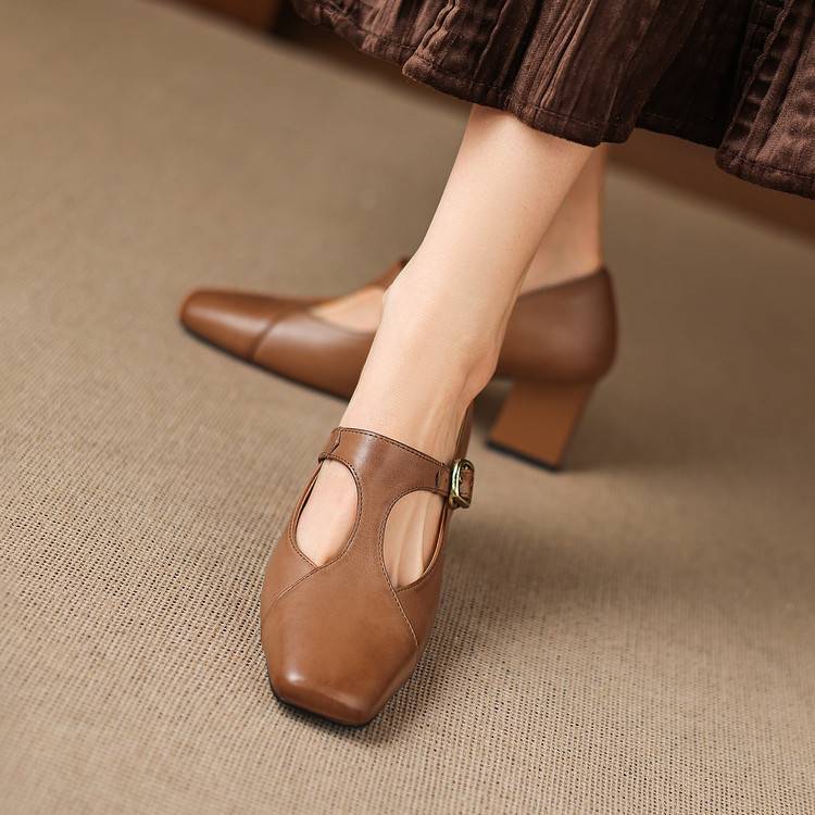Veyla Square-Toe Genuine Leather Heels