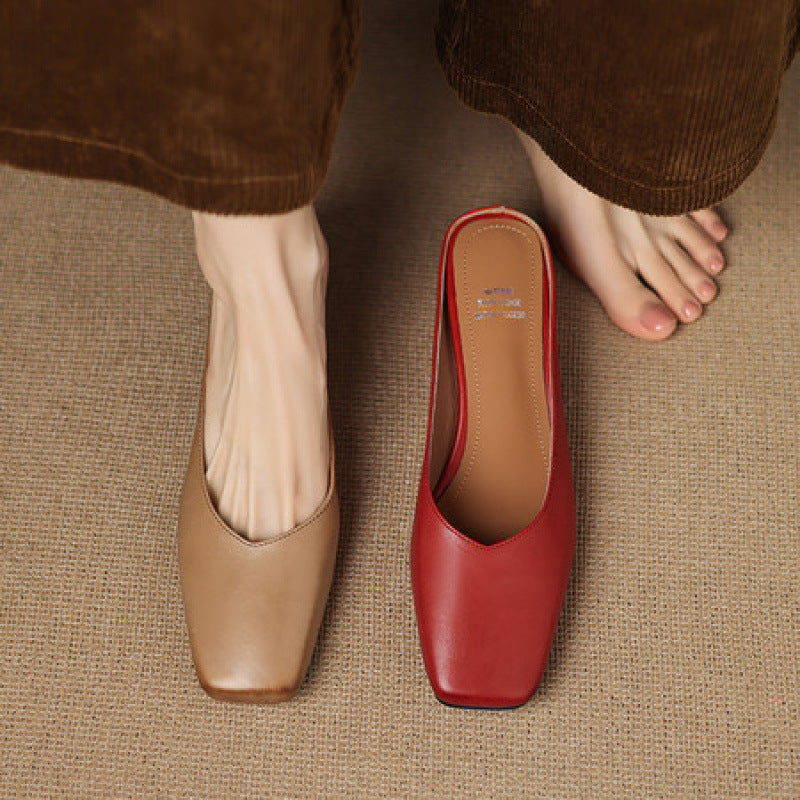 Emy Genuine Leather Square Toe Mule Heels