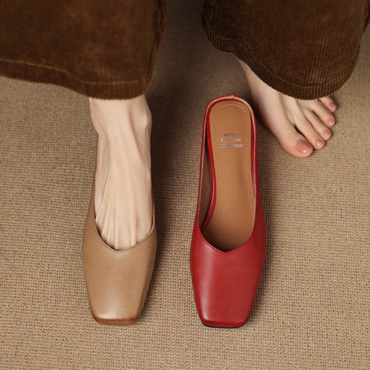 Emy Genuine Leather Square Toe Mule Heels