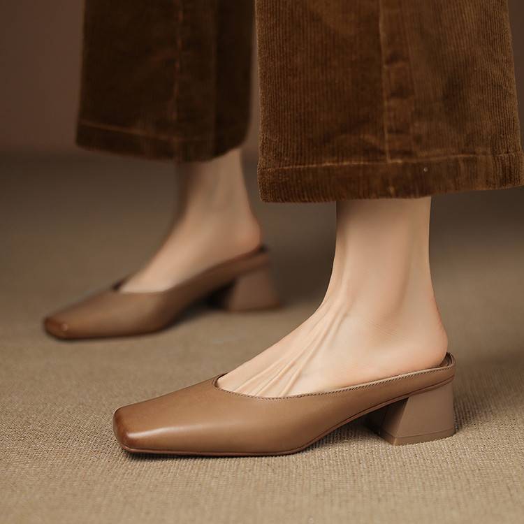 Emy Genuine Leather Square Toe Mule Heels