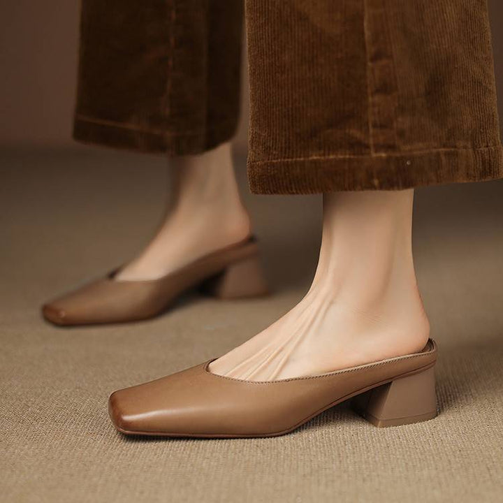 Emy Genuine Leather Square Toe Mule Heels