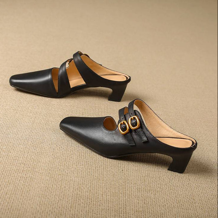 Adele Genuine Leather Dual-Strap Mules
