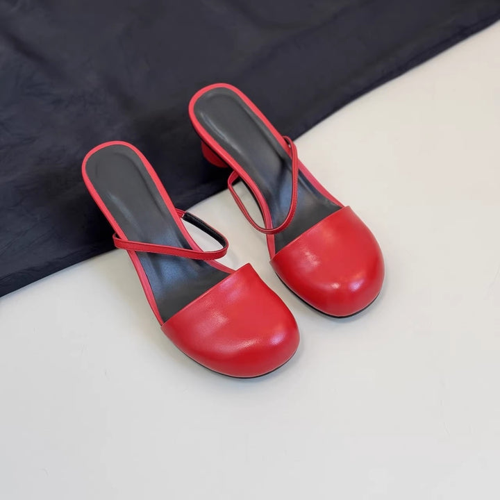 Olara Genuine Leather Round Toe Mule Heels