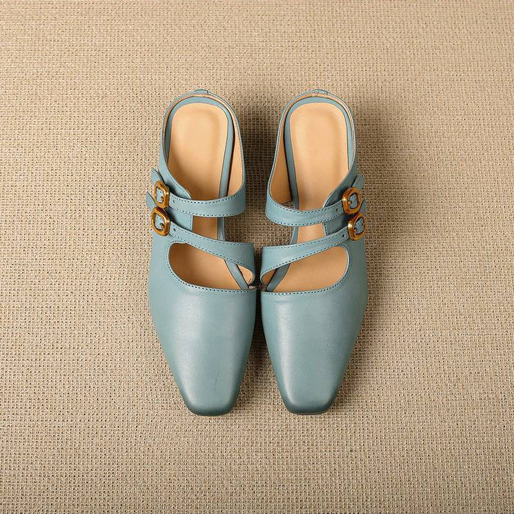 Adele Genuine Leather Dual-Strap Mules