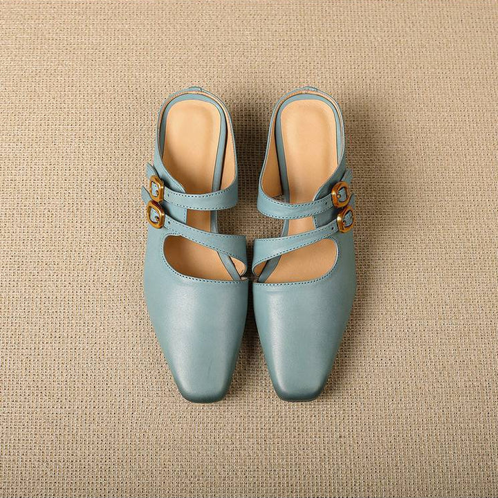 Adele Genuine Leather Dual-Strap Mules