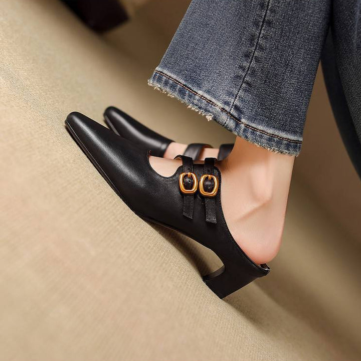 Adele Genuine Leather Dual-Strap Mules