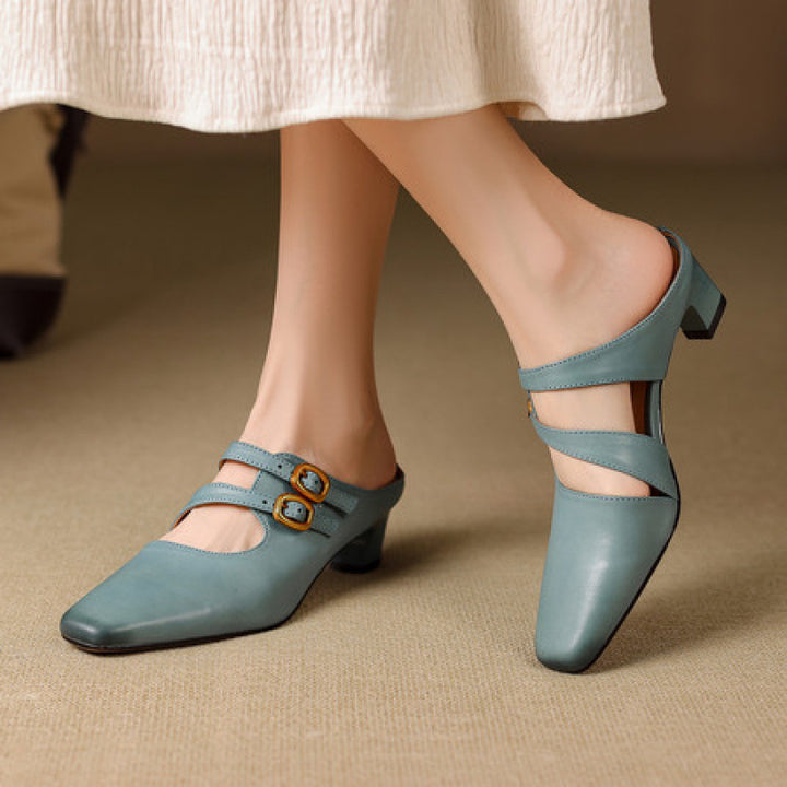 Adele Genuine Leather Dual-Strap Mules