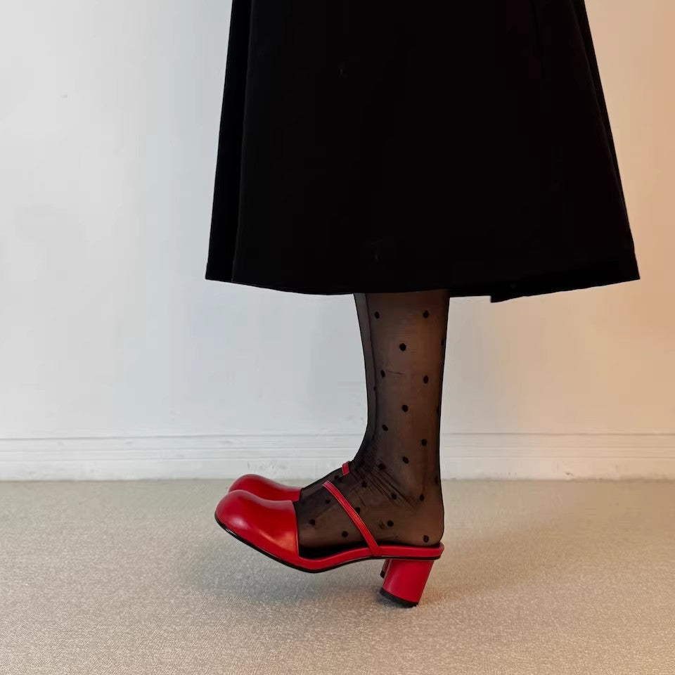 Olara Genuine Leather Round Toe Mule Heels