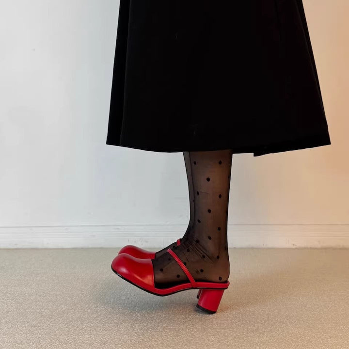 Olara Genuine Leather Round Toe Mule Heels