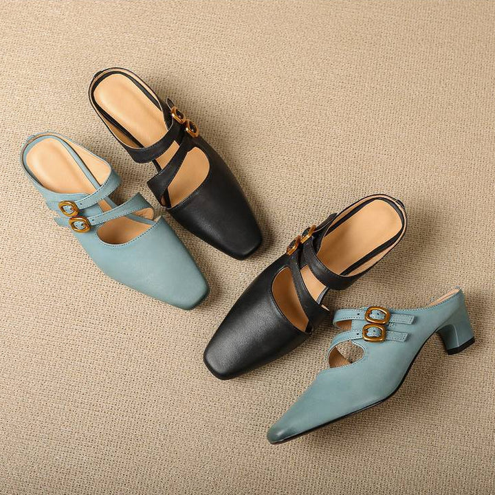 Adele Genuine Leather Dual-Strap Mules