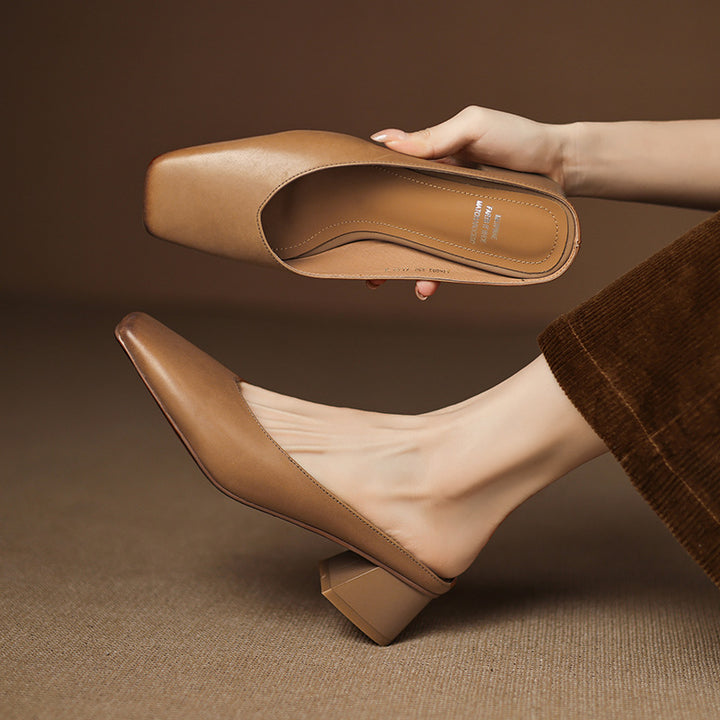 Emy Genuine Leather Square Toe Mule Heels