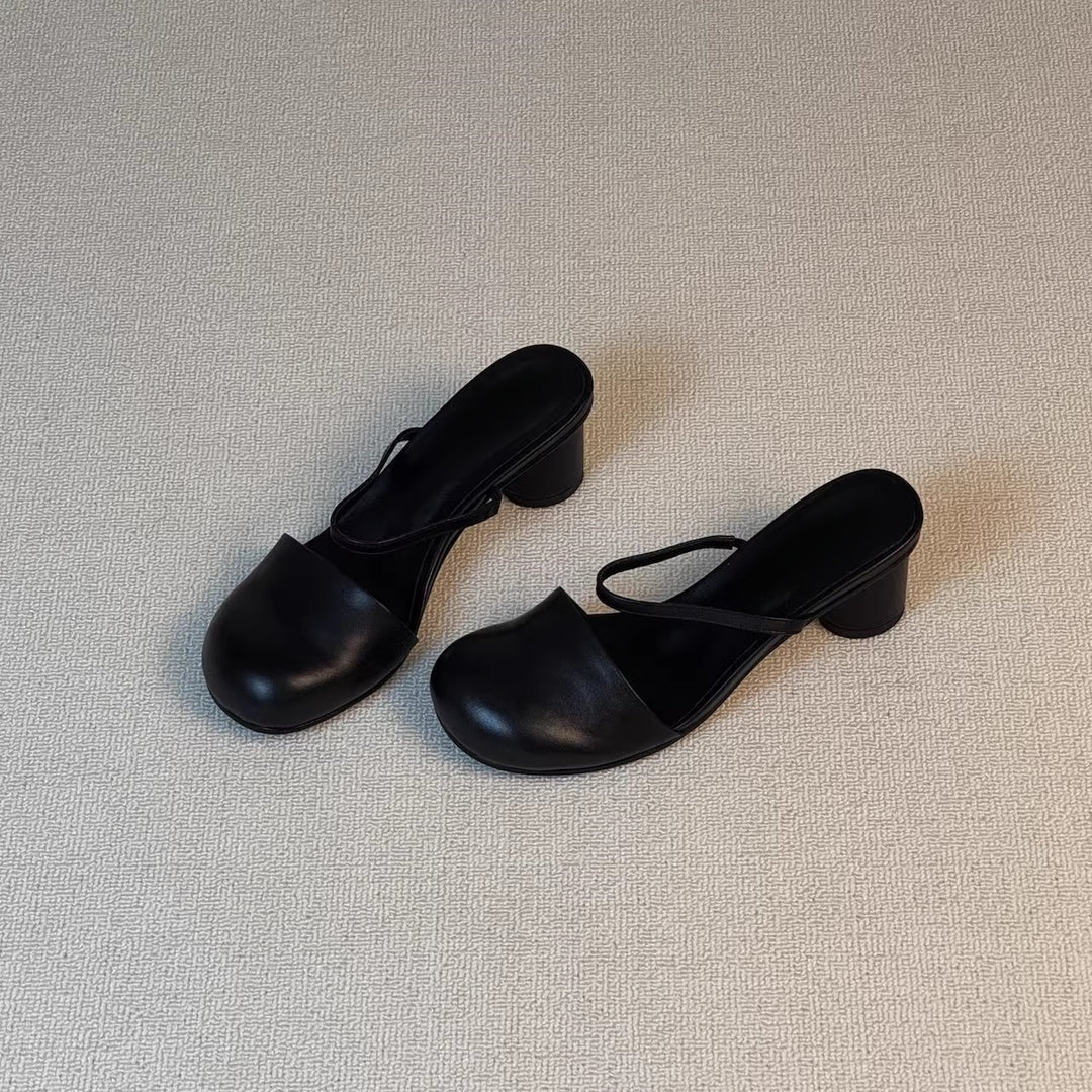 Olara Genuine Leather Round Toe Mule Heels