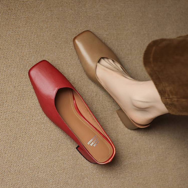 Emy Genuine Leather Square Toe Mule Heels