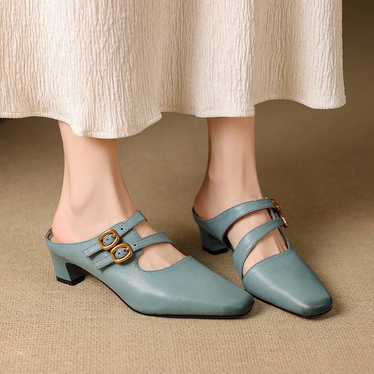 Adele Genuine Leather Dual-Strap Mules