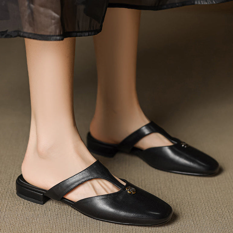 Roslyn Genuine Leather T-Strap Mules