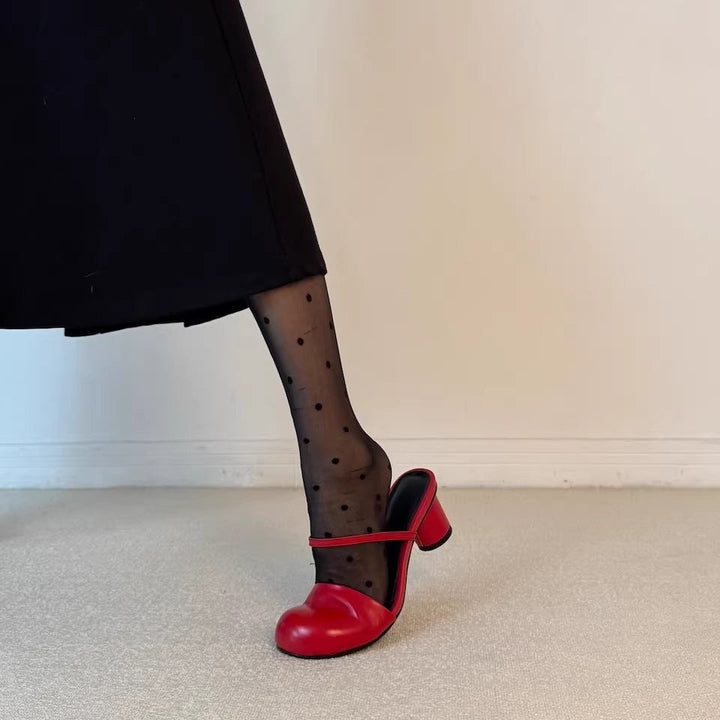 Olara Genuine Leather Round Toe Mule Heels