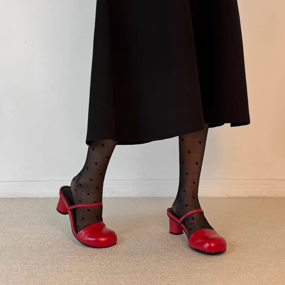 Olara Genuine Leather Round Toe Mule Heels